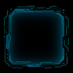 Futuristic neon blue HUD frame and digital UI interface elements on black background for sci fi gaming overlay and high tech display designs