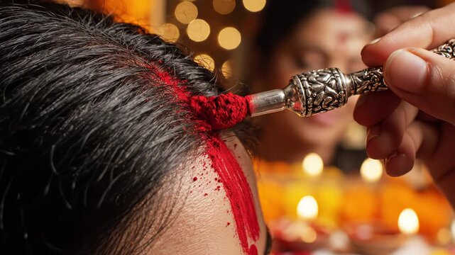 Close-up Of A Person Applying Red Powder Sindoor To Another Person's Forehead During A Festival Celebration With Soft Bokeh Lights In The Background