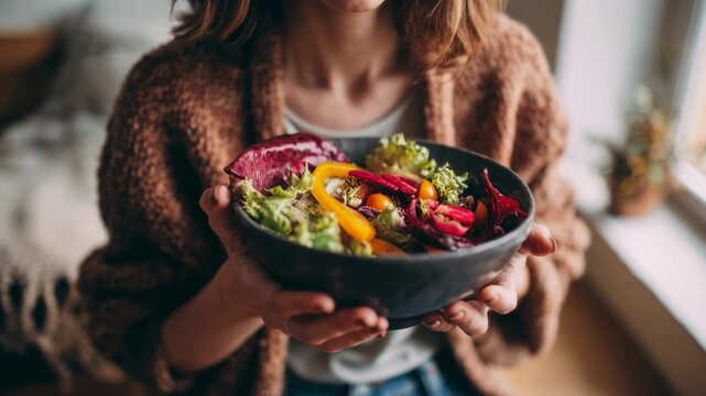 Woman holding a salad bowl for a healthy lifestyle. This organic nutrition and wellness concept shows a person with a fresh vegetable mix in a cozy indoor setting for balanced dieting.