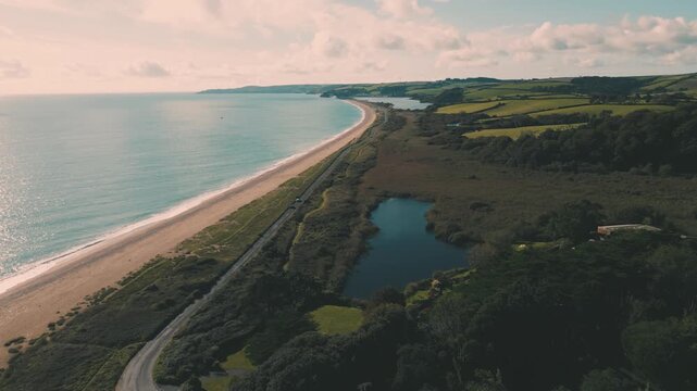 Aerial view of Slapton Sands beach, Devon, UK