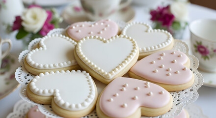 Heart Shaped Cookies on Doily with Tea Cup and Flowers