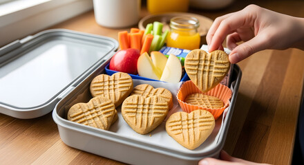 Hand holding heart shaped sandwiches in lunchbox on wooden table