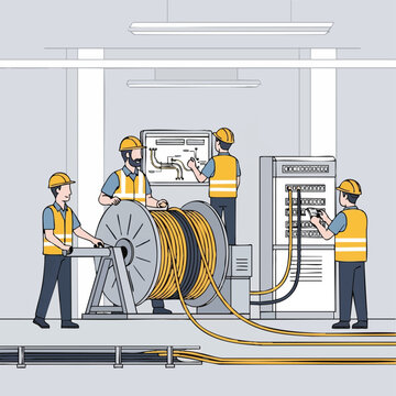 Industrial Electricians and Technicians Installing Fiber Optic or Network Cables from a Giant Spool, Working on Infrastructure Wiring