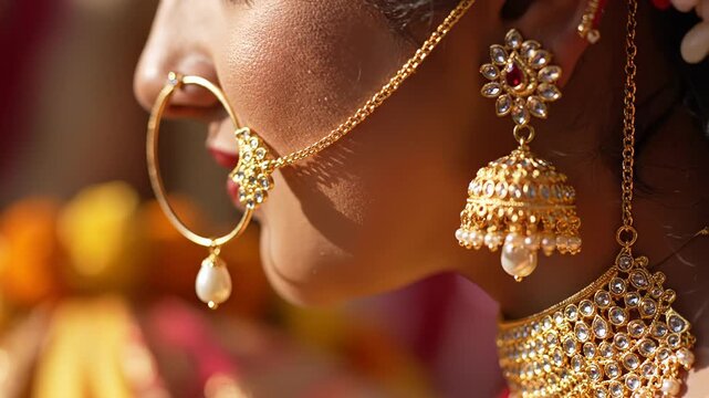 Close up Profile of a Bride Adorned with Ornate Gold Jewelry Including a Large Hoop Nose Ring and Dangling Earrings with Pearls and Jewels in Warm Sunlight During a Traditional Ceremony
