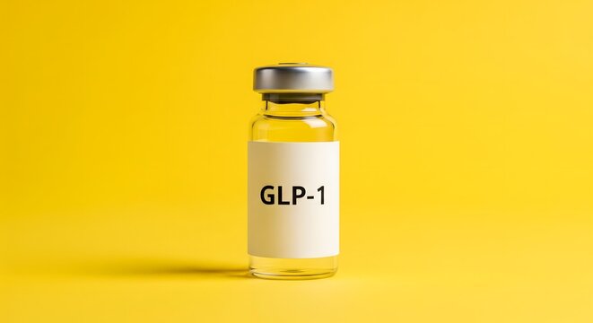 GLP-1 Medication Vial on Yellow Background &ndash; Diabetes Treatment, Weight Loss Drug Concept, Healthcare Innovation, Pharmaceutical Injection, Blood Sugar Control, Modern Medicine