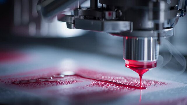 A red liquid is dripping from a machine. Tissue printing process in biomedical research, detailed close-up of bio-material extrusion, modern scientific visualization, editorial style