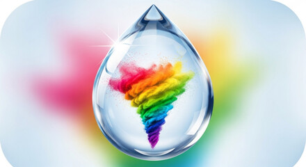 Rainbow Water Droplet on Blurred Background, Symbolizing Diversity and Purity