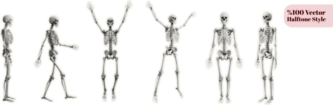 Vector halftone style various human skeleton silhouettes in multiple poses standing walking raising arms facing forward and sideways isolated on white background minimalist black and white digital art