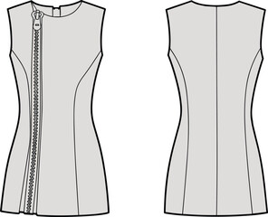 Technical flat sketch of a women's sleeveless mini dress featuring an asymmetrical front chunky zipper detail, princess seams, and back view CAD illustration. © Khairun