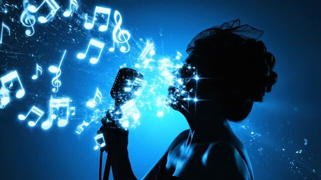 Female silhouette singing into microphone with glowing music notes
