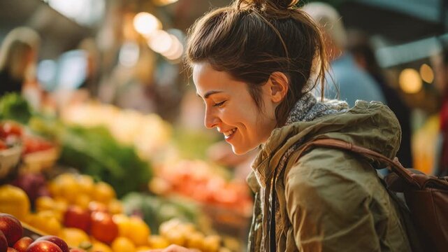 Woman at a market with fresh vegetables for a healthy lifestyle. This organic grocery and sustainable lifestyle concept shows an eco-friendly customer selecting produce at a sunny farmers market.