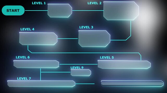 Atmospheric futuristic flowchart with glowing cyan and purple neon lines and translucent nodes on a dark background depicting game levels and connections Keywords: flowchart, diagram