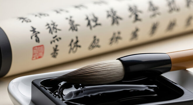 Chinese Calligraphy Art with Brush and Inkstone on Traditional Scroll Background