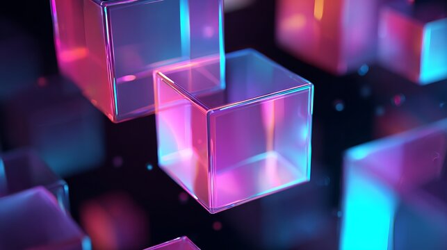 A futuristic arrangement of glowing pink and blue transparent cubes in a dark space