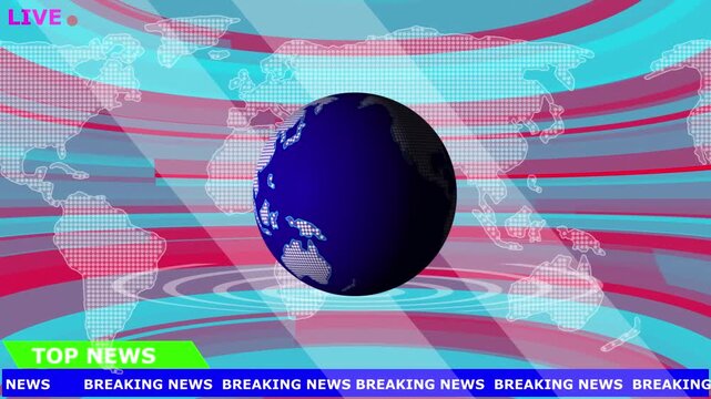 Vibrant news broadcast background with a spinning earth, map overlay, and live breaking news ticker in pink and cyan tones Keywords: news, broadcast, live, breaking news, map, globe