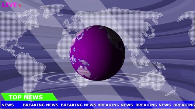 Purple and blue news broadcast background with a spinning earth, map overlay, and live breaking news ticker Keywords: news, broadcast, live, breaking news, map, globe, earth, technology