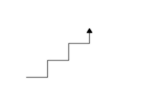 Simple black line of stairs ascending upwards with an arrow indicating progress on a plain white background with ample negative space for Keywords: stairs, staircase, steps, upward