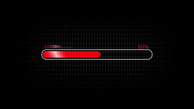 Digital loading bar with red progress indicator and text LOADING' and '30%' on a dark grid background representing data transfer or system progress Keywords: loading, progress bar