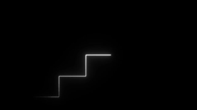 White neon line of ascending stairs with an arrow on a dark background symbolizing digital progress loading or technological advancement Keywords: white, neon, glowing, stairs, staircase