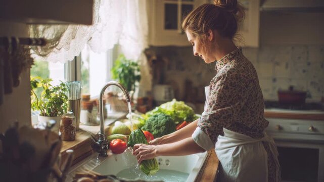 Woman washing fresh vegetables in a cozy kitchen for healthy food. This organic hygiene and domestic lifestyle scene shows a person preparing green leaves for a nutritious home-cooked meal.