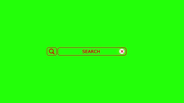 A vibrant digital interface showcasing a red search bar with a magnifying glass and a close button against a bright green chroma key background Keywords: search bar, input field