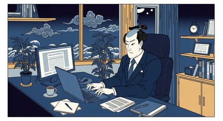 残業する侍：現代オフィスでパソコンを打つ浮世絵風の男