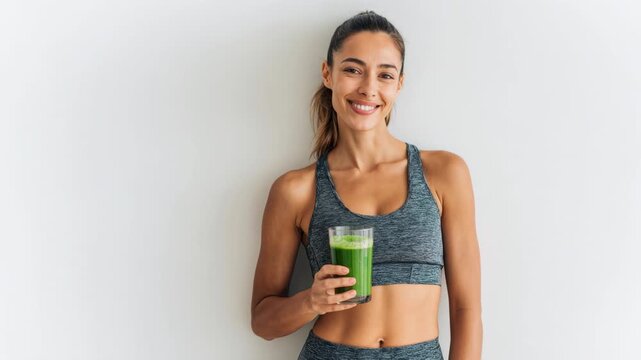 Woman with green juice for a healthy fitness lifestyle. This athlete detox and sportswoman nutrition wellness scene shows a person enjoying a vegetable smoothie for energy and hydration
