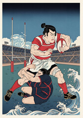 ラグビーのイラスト：力強いステップで敵を圧倒する