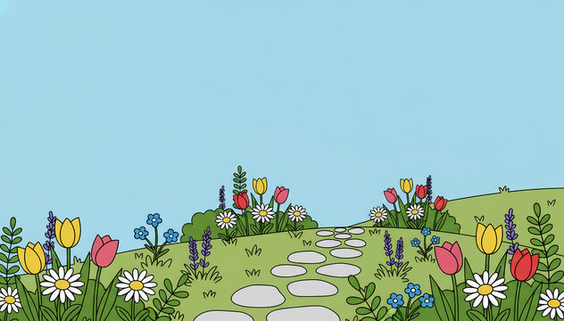 Spring garden path with flowers and greenery, cheerful vector illustration, copyspace sky