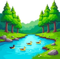 Peaceful forest river with ducks illustration, green woodland stream, cute waterfowl swimming, cartoon nature scene for children books, games and educational design