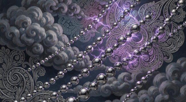 Intricate silver patterns and beads with vibrant lightning in cloudy sky