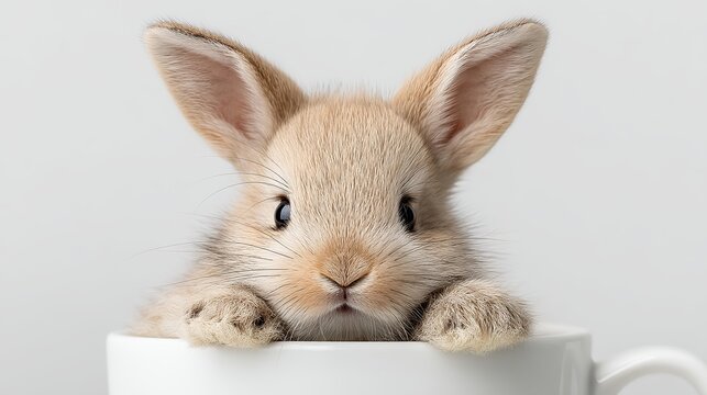 A cute rabbit sitting in a white coffee mug looking directly at the camera with big ears perked up