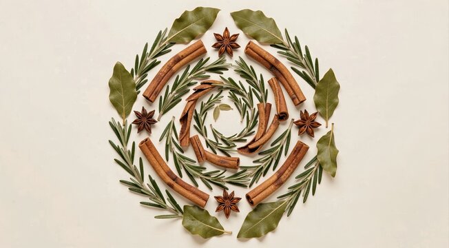 Cinnamon sticks and bay leaves in spiral pattern with star anise and rosemary