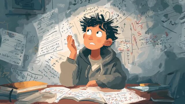 A boy is sitting at a desk with a lot of papers and books around him. Student staring thoughtfully at a math problem, notebook covered with crossed-out attempts, visible process of learning, muted 