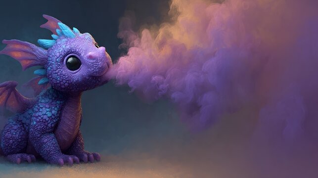 A small purple dragon with blue spikes breathing colorful smoke in a dark room