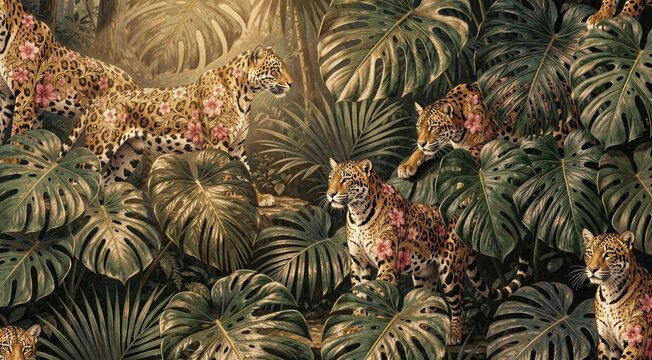 Leopards with flowers in lush tropical jungle setting