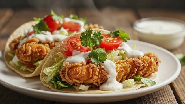 Delicious, crispy fried chicken tacos loaded with fresh lettuce, vibrant sliced tomatoes, and creamy white sauce served on soft tortillas for an amazing meal experience.