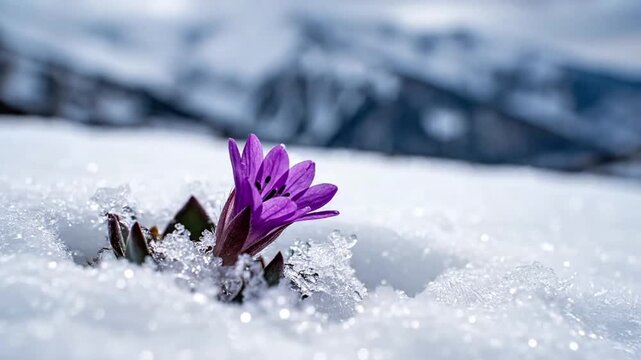 Purple flower gently swaying in cold wind emerging from snow
