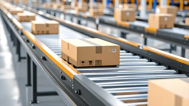 A close-up view of an automated warehouse system featuring moving cardboard boxes on conveyors