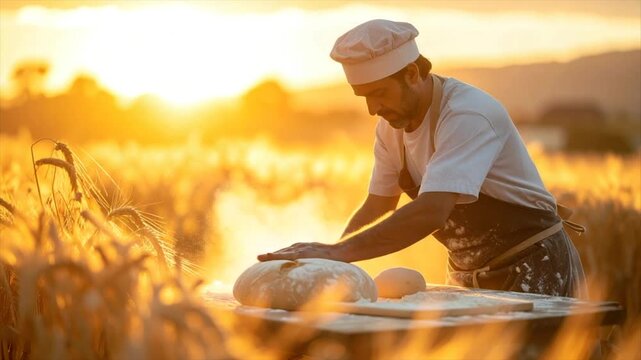 A baker in a field of wheat, illuminated by the sun, kneads dough on a rustic table