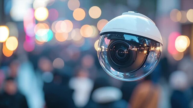 A dome security camera hovers against a blurry, colorful background of lights and figures