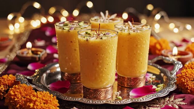 Candlelit Mango Lassi Trio On Ornate Platter, Rose Petals And Marigold Blooms Scattered Across Silk Cloth Warm Fairy Lights And Flickering Candles Set Intimate Evening Mood, ChefStyle Presentation.