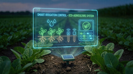 Smart irrigation control system in field with digital interface displaying plant growth and water management. eco agriculture system enhances efficiency and sustainability
