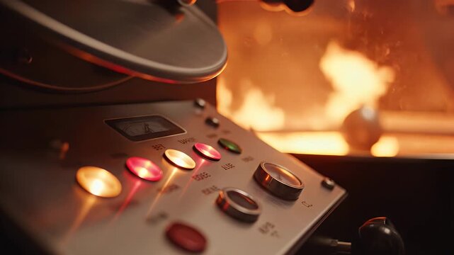 Illuminated control panel with glowing buttons and a dial, against a fiery background