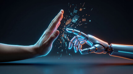 Human hand and robotic hand are depicted in dramatic scene, symbolizing tension between humanity and artificial intelligence. words RESIST AI emphasize conflict