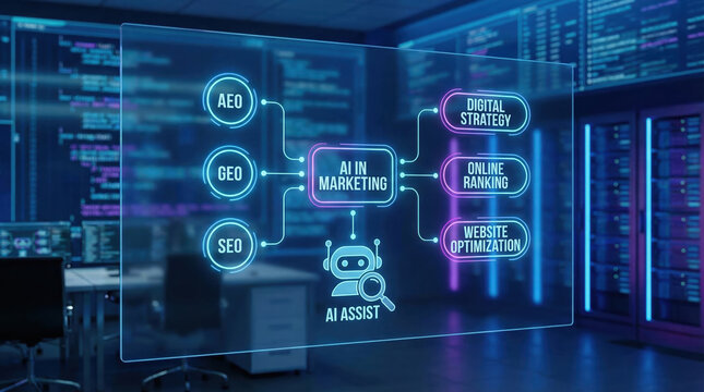 AI in marketing is illustrated with digital interface showing connections to AEO, GEO, SEO, digital strategy, online ranking, and website optimization. robot icon represents AI assist