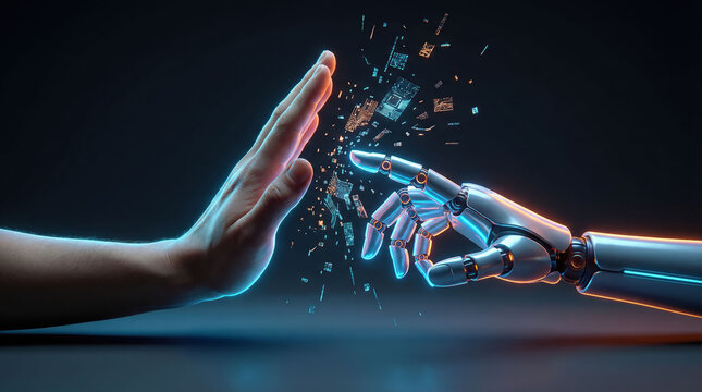 Human hand and robotic hand are depicted in dramatic scene, symbolizing tension between humanity and artificial intelligence. words RESIST AI emphasize conflict