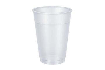 Empty clear plastic disposable cup standing isolated, ready for beverages, take away drinks, or food packaging