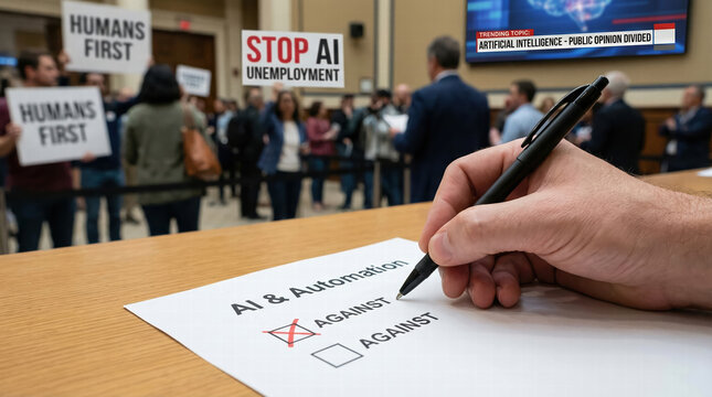 Person is marking form against AI and automation, reflecting public concern. In background, protest with signs like Humans First and Stop AI Unemployment highlights debate on AI impact on jobs