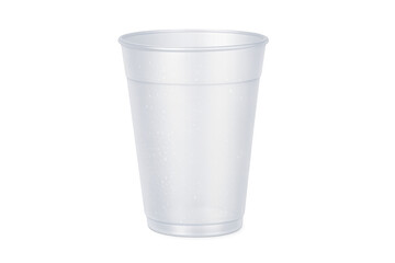 White plastic cup with condensation representing disposable beverage packaging and drinkware, transparent background isolated